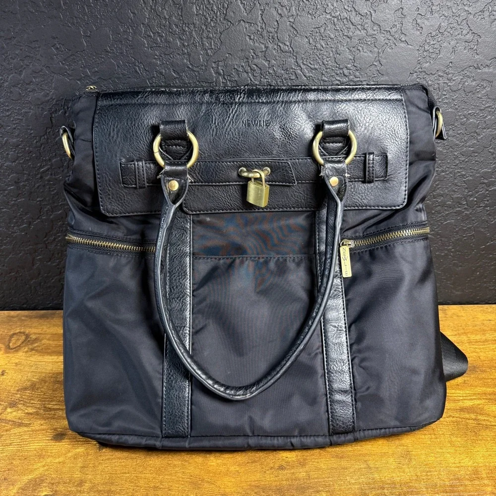 Newlie Louise Black Nylon Vegan Leather Convertible Diaper Bag Backpack Womens L